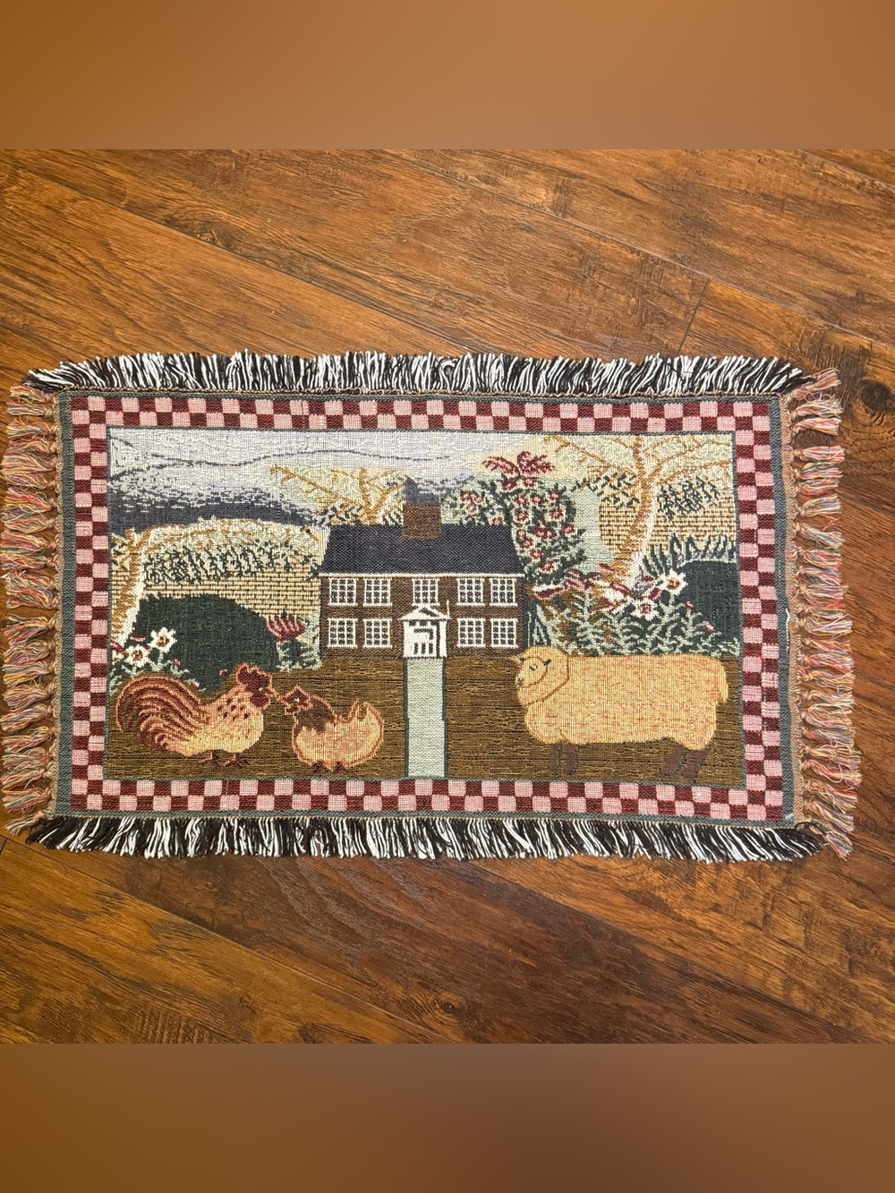 Cottagecore Farmhouse Rug Woven Folk Art Sheep Chicken Rustic Heritage Grandma